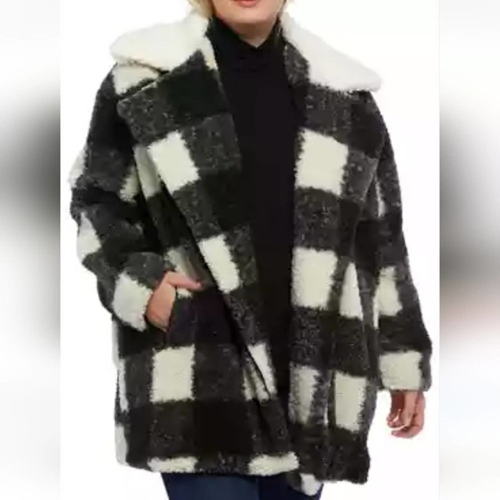C&C California black and white Buffalo windowpane plaid teddy coat jacket plus 2